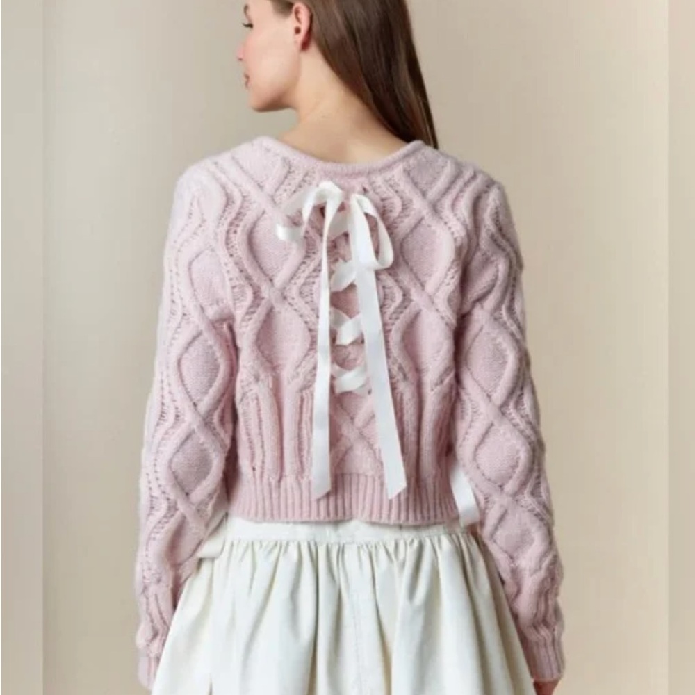 Peach Love California Pink Cableknot Sweater with Beautiful Satin Ribbon Size S